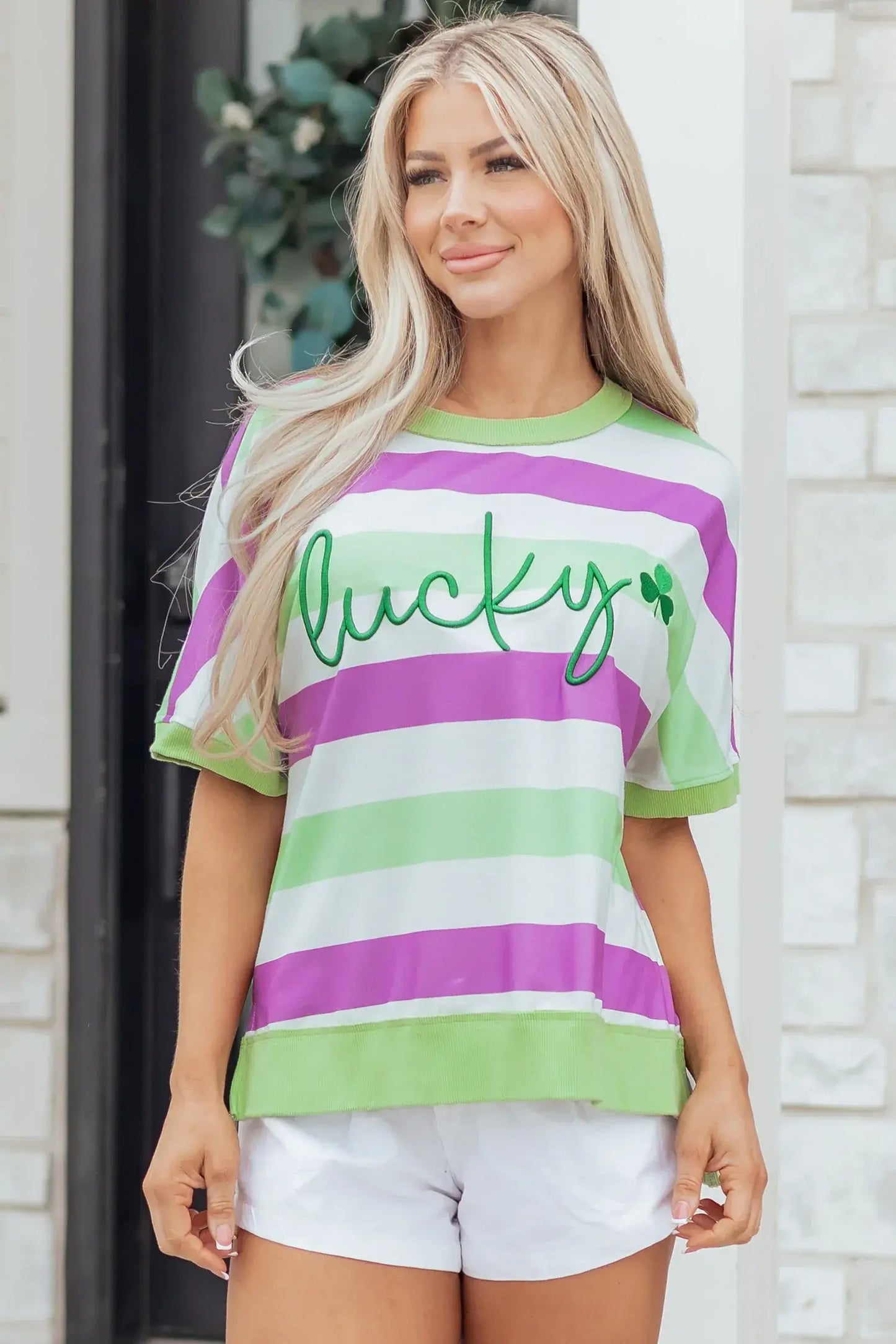 Green Stripe Lucky Clover Embroidered Graphic Dolman Loose Tee - Sweet Fashion Wholesale