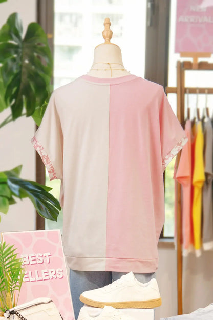 Apricot Color Block Flower Patched Loose T Shirt - Sweet Fashion Wholesale
