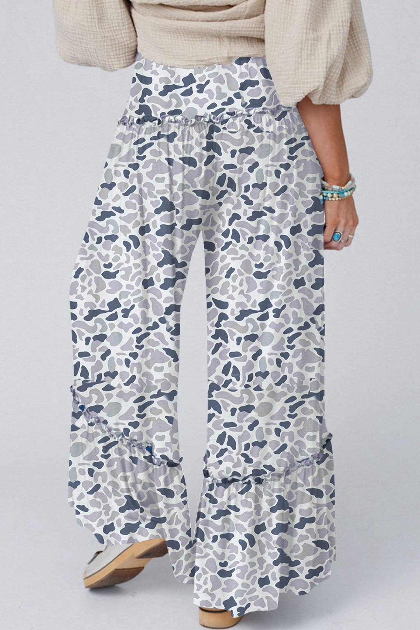 Beige Camo Print Wide Leg Casual Pants
