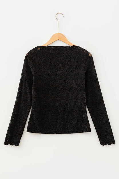 Black Elegant Stand Neck Lace Long Sleeve Top