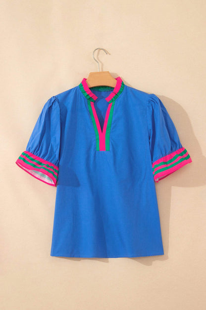 Sky Blue Striped Frilled Collar Ruffled Short Sleeve Blouse