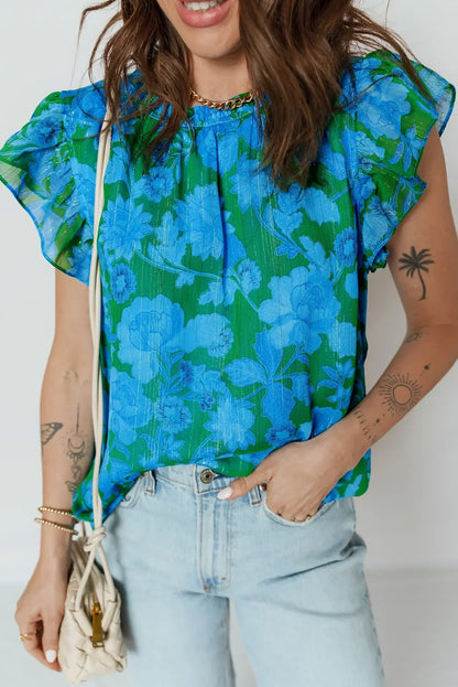 Green Floral Print Ruffled Sleeve Summer Blouse - Sweet Fashion Wholesale