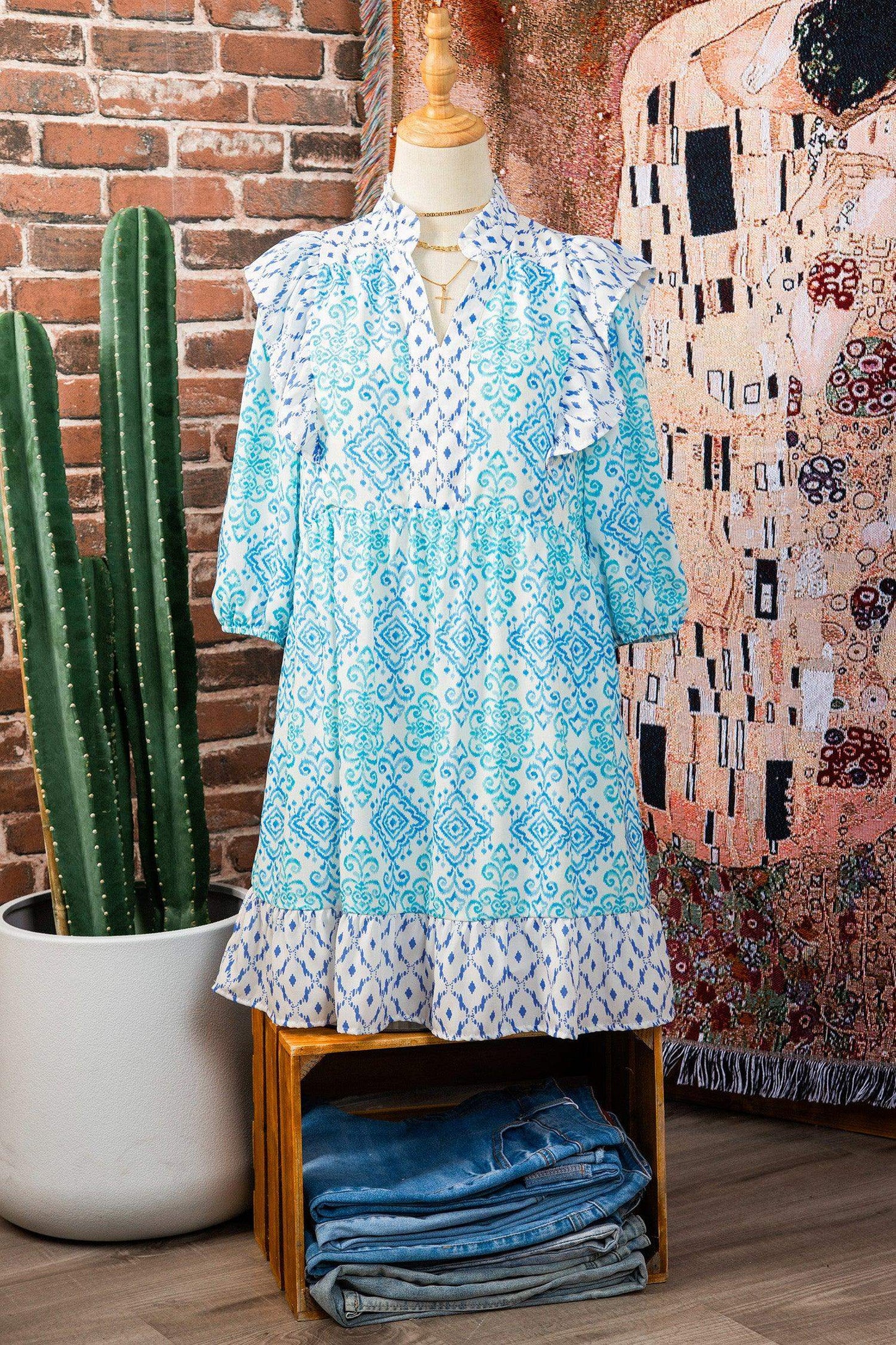 Sky Blue Boho Floral Geometric Patchwork Ruffle Detail Puff Sleeve Mini Dress - Sweet Fashion Wholesale