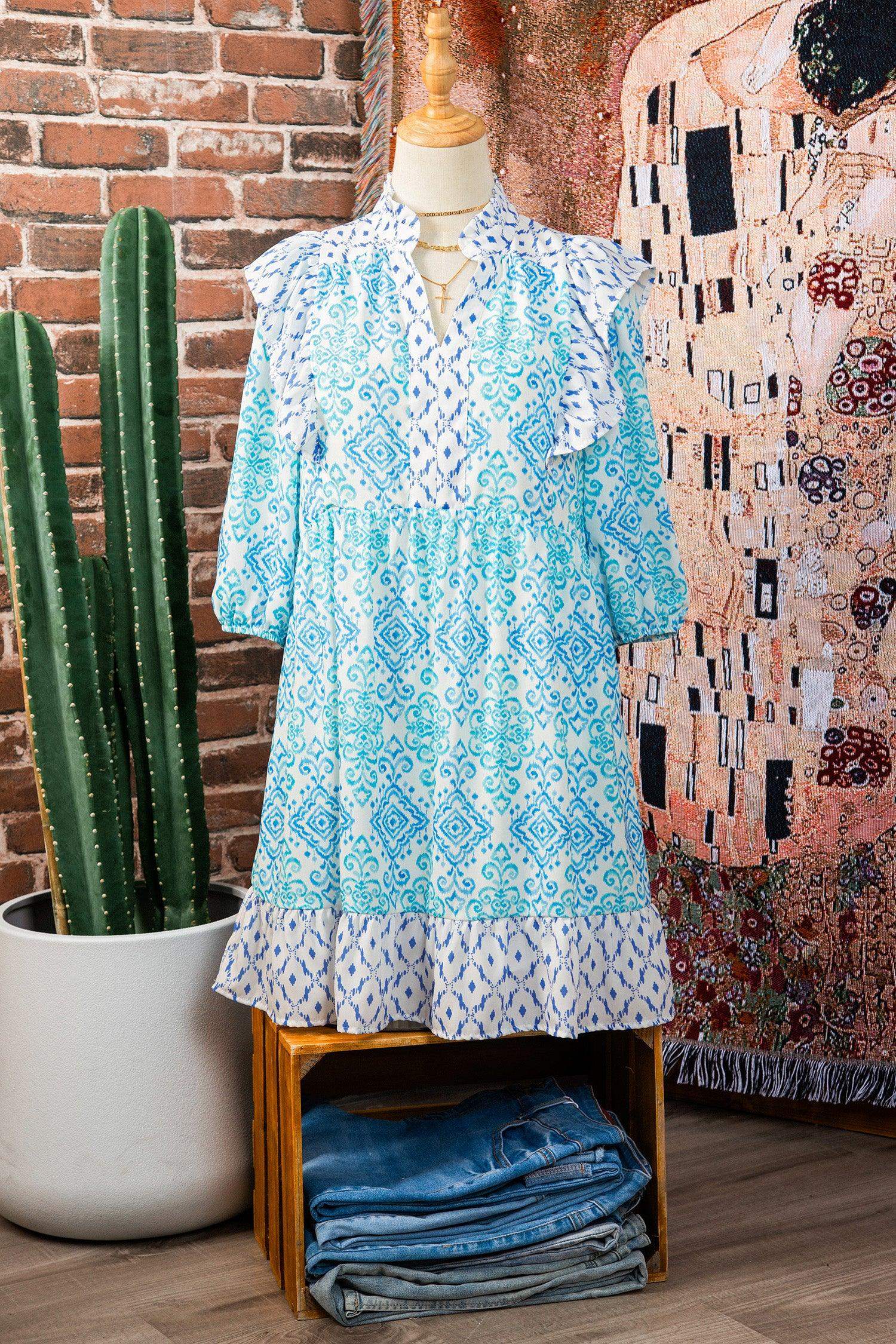 Sky Blue Boho Floral Geometric Patchwork Ruffle Detail Puff Sleeve Mini Dress - Sweet Fashion Wholesale