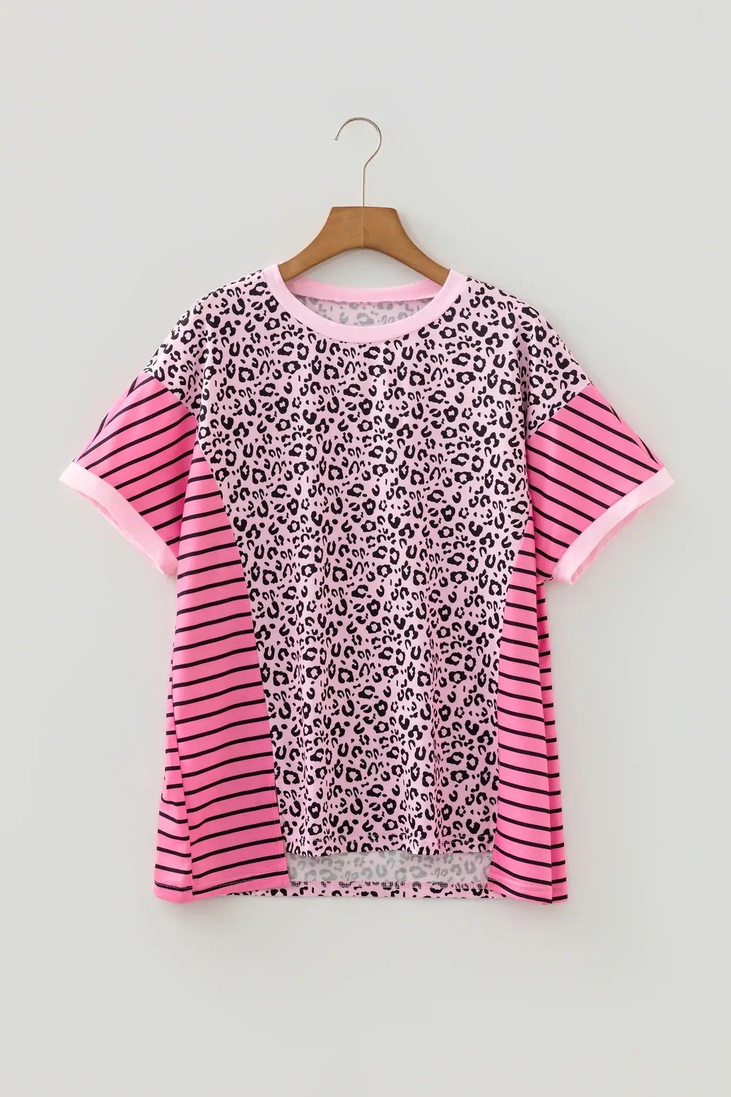 Pink Leopard Striped Patchwork Side Slit Loose Short Sleeve Top - Sweet Fashion Wholesale