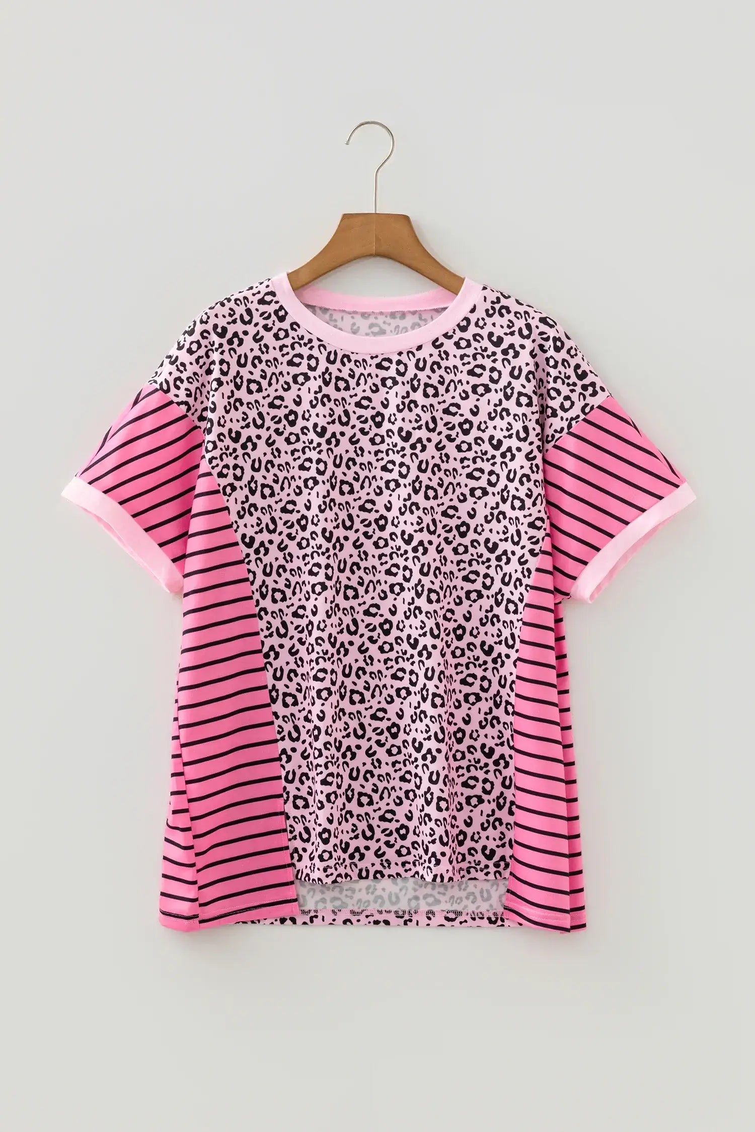 Pink Leopard Striped Patchwork Side Slit Loose Short Sleeve Top - Sweet Fashion Wholesale