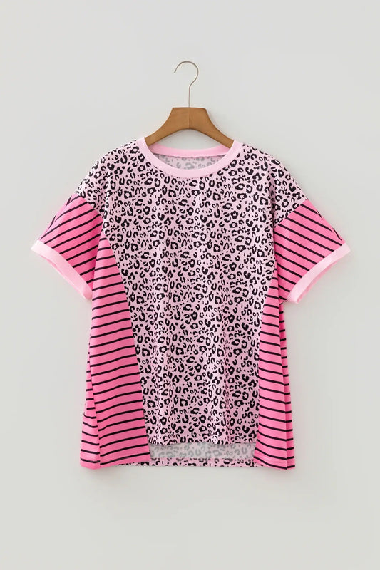 Pink Leopard Striped Patchwork Side Slit Loose Short Sleeve Top - Sweet Fashion Wholesale