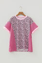 Pink Leopard Striped Patchwork Side Slit Loose Short Sleeve Top - Sweet Fashion Wholesale
