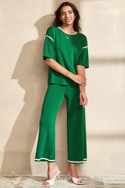 Blackish Green Contrast Trim Half Sleeve Top Drawstring Pants Loose 2pcs Sweater Suit - Sweet Fashion Wholesale