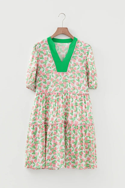Green Contrast Neckline Ricrac Trim Floral Short Puff Sleeve Dress - Sweet Fashion Wholesale