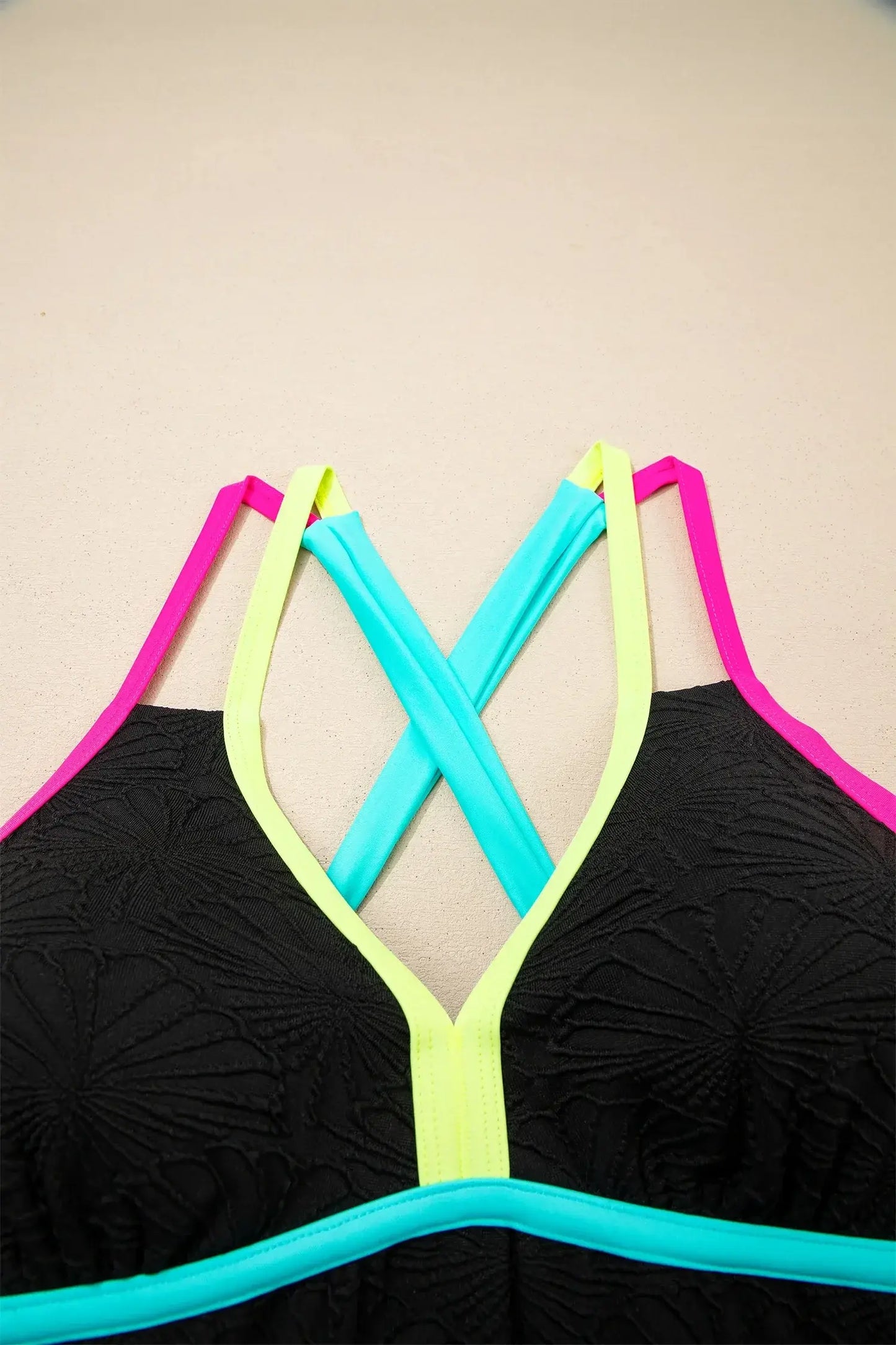 Black Floral Textured Neon Trim V Neck Crisscross Backless Tankini Set - Sweet Fashion Wholesale