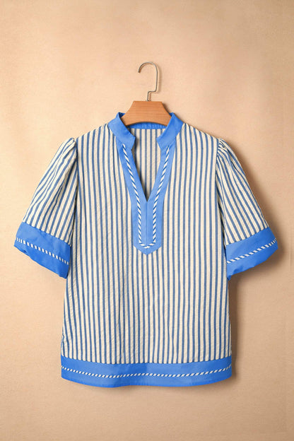 Sky Blue Stripe Color Block Detail V Neck Short Sleeve Blouse