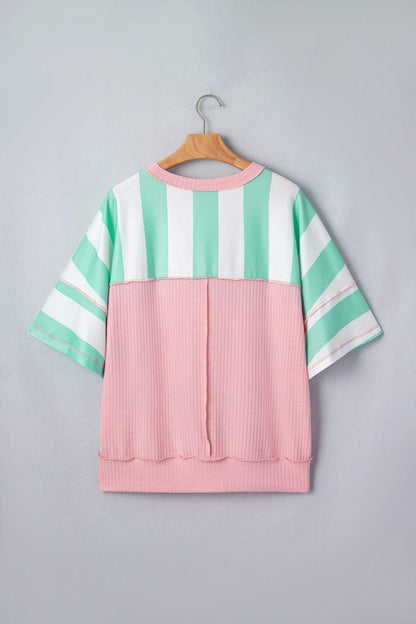 Green Stripe Exposed Seam Ribbed Patchwork Oversized Tee