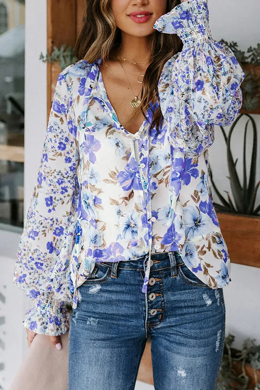 Blue Cakewalk Floral Smocked Blouse - Sweet Fashion Wholesale