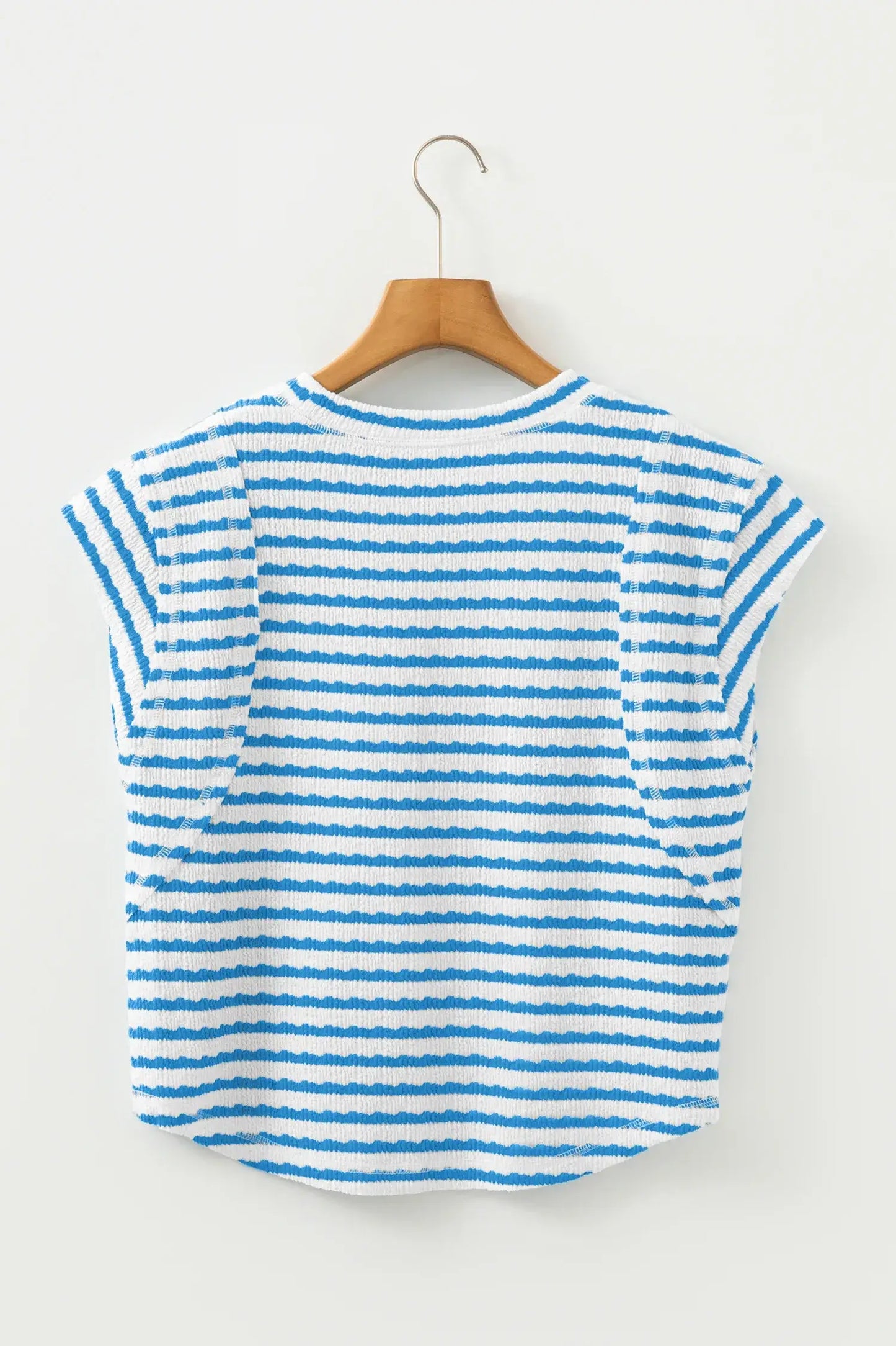 Blue Stripe Textured Short Sleeve Patchwork T Shirt - Sweet Fashion Wholesale