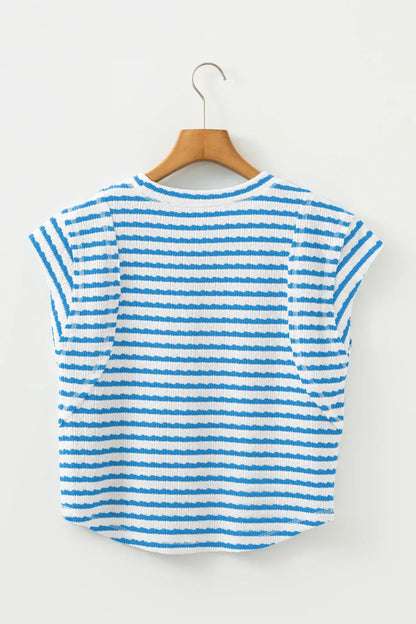 Blue Stripe Textured Short Sleeve Patchwork T Shirt - Sweet Fashion Wholesale