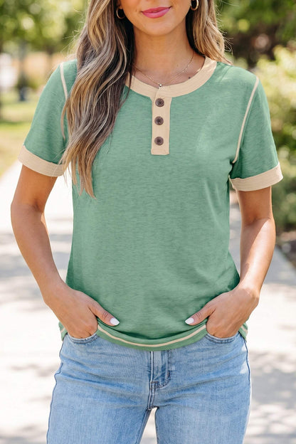 Light Grey Raw Seam Color Block Detail Buttoned Henley Tee