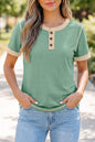 Light Grey Raw Seam Color Block Detail Buttoned Henley Tee