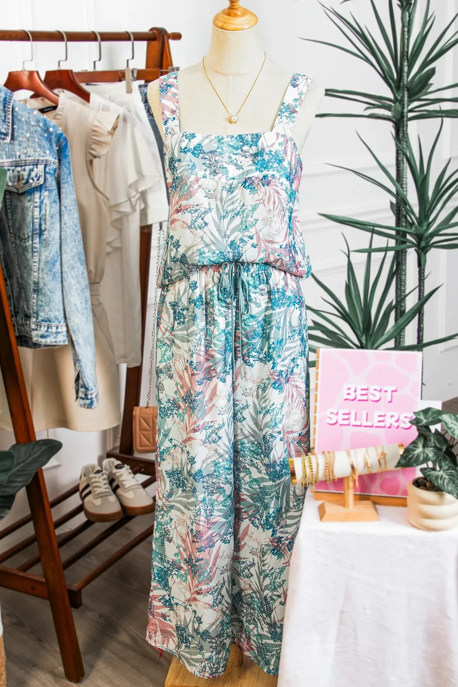 Green Tropical Palm Printed Cropped Tank Drawstring Wide Leg Pant Set - Sweet Fashion Wholesale