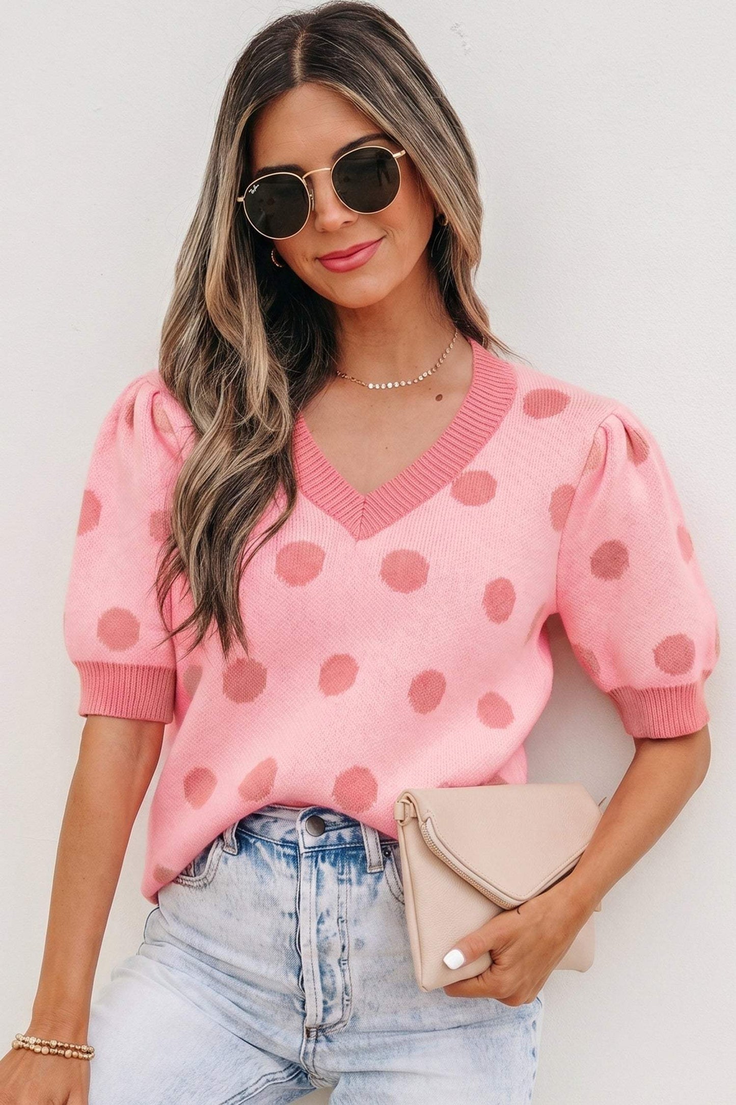 Pink Polka Dot Puff Short Sleeve Sweater Top