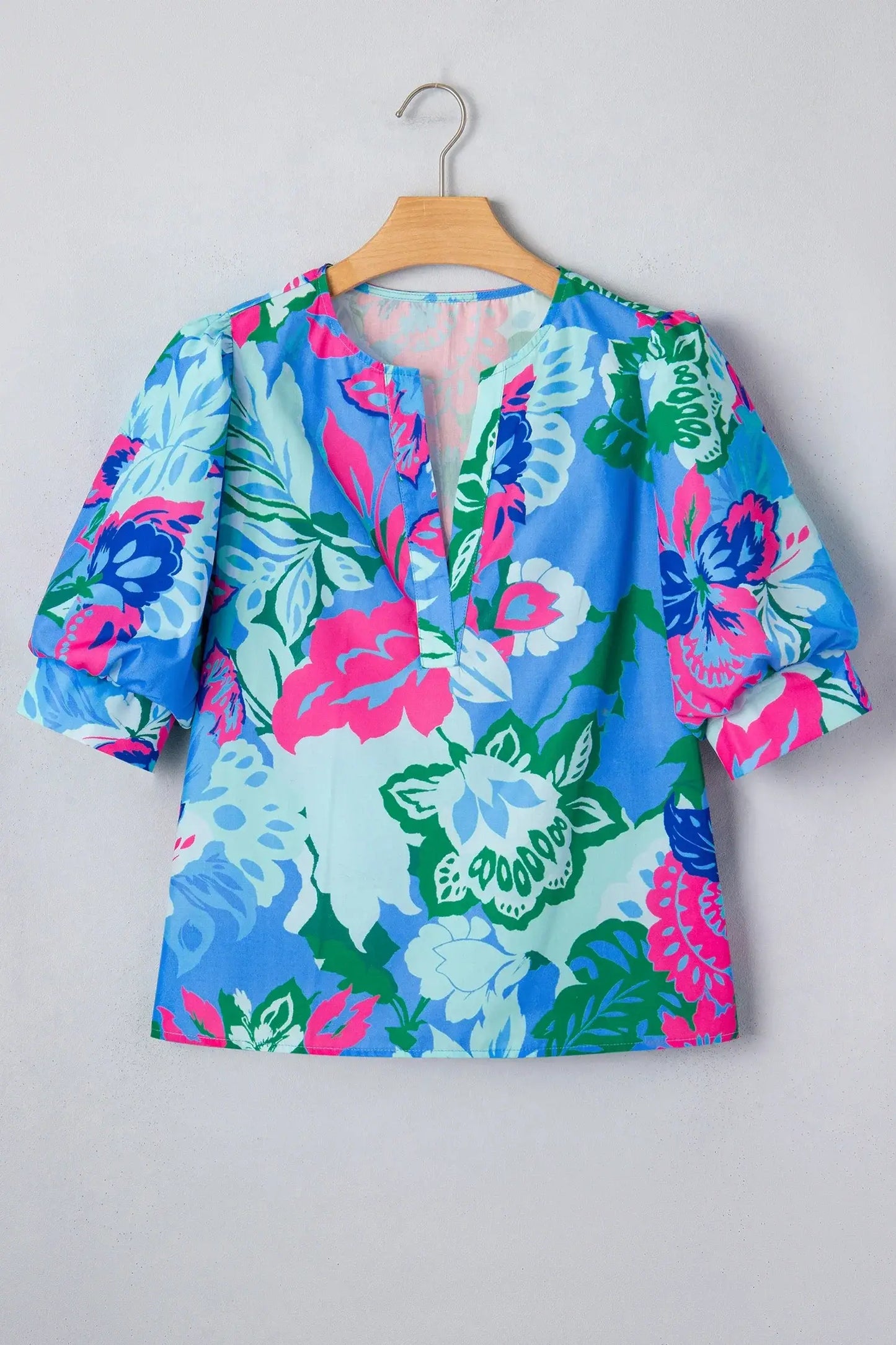 Sky Blue Floral Print V Neck Half Sleeve Blouse - Sweet Fashion Wholesale