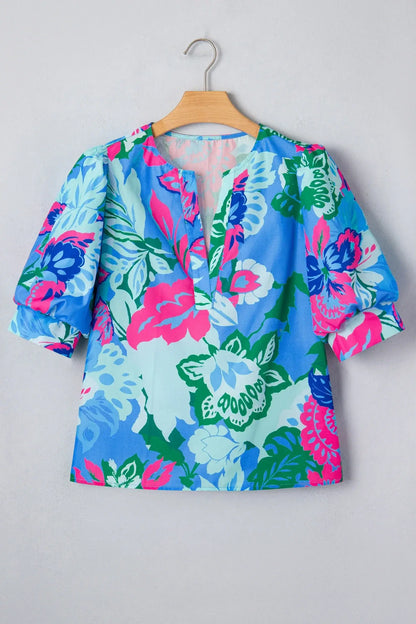 Sky Blue Floral Print V Neck Half Sleeve Blouse - Sweet Fashion Wholesale