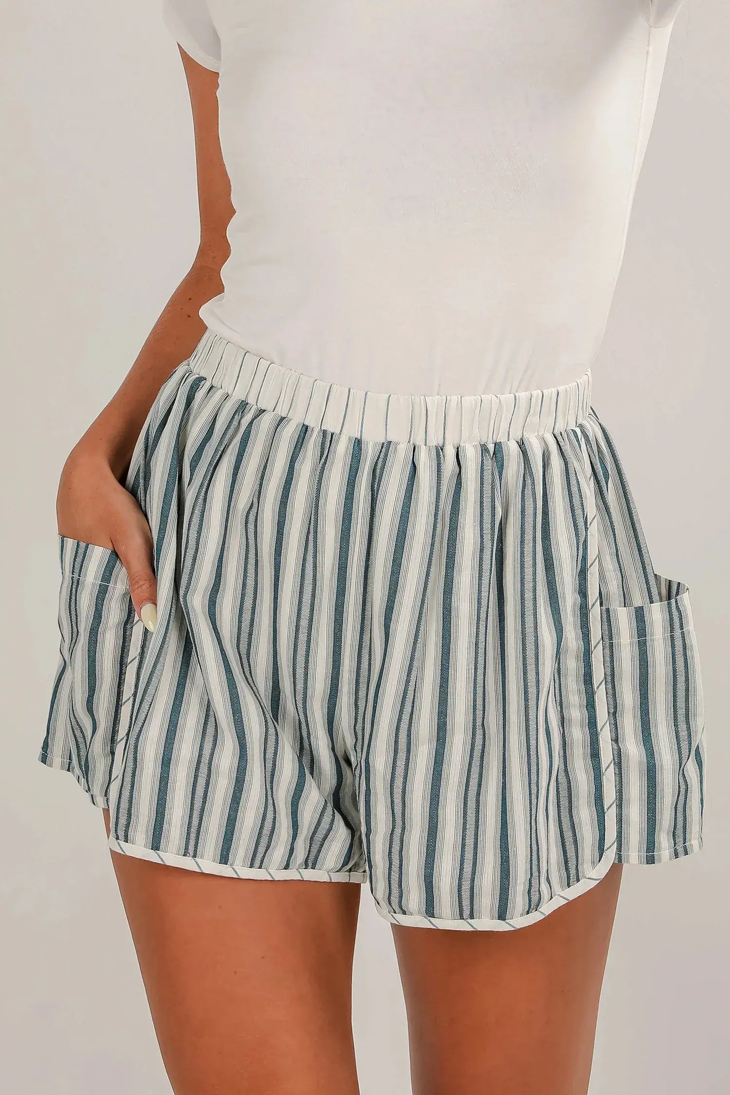 Gray Stripe Elastic Waist Cargo Pocket Casual Shorts - Sweet Fashion Wholesale
