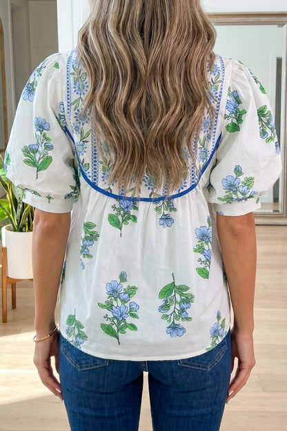 White Floral Print Contrast Trim Tie Neck Blouse