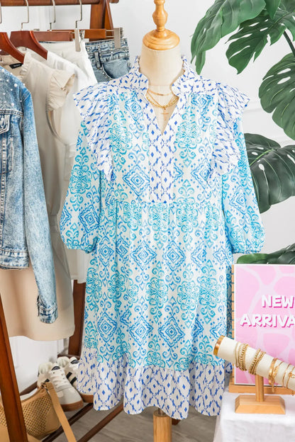 Sky Blue Boho Floral Geometric Patchwork Ruffle Detail Puff Sleeve Mini Dress - Sweet Fashion Wholesale
