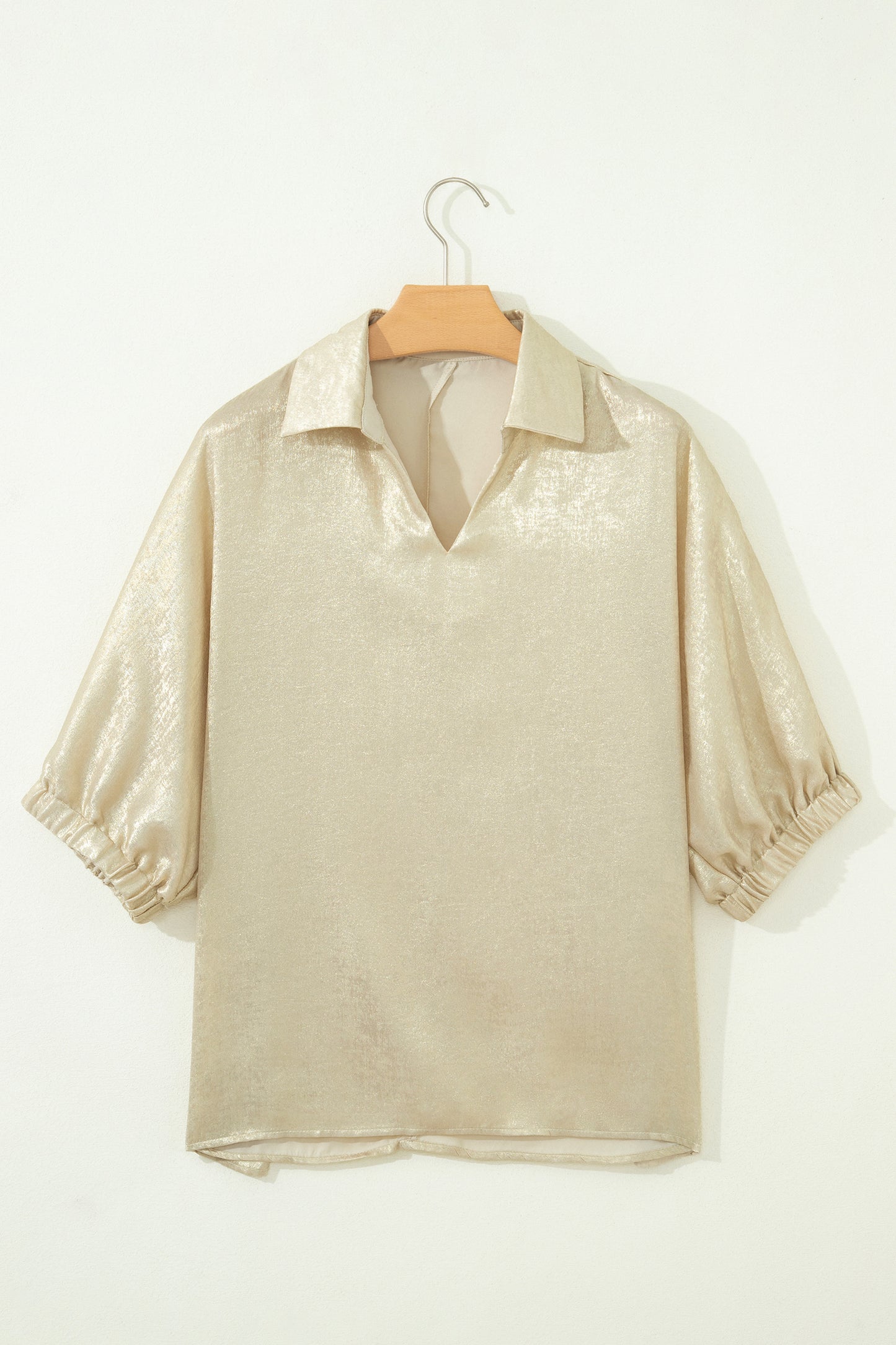 Clearly Aqua Collared V Neck Half Sleeve Metallic Top