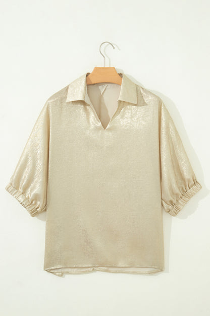 Clearly Aqua Collared V Neck Half Sleeve Metallic Top