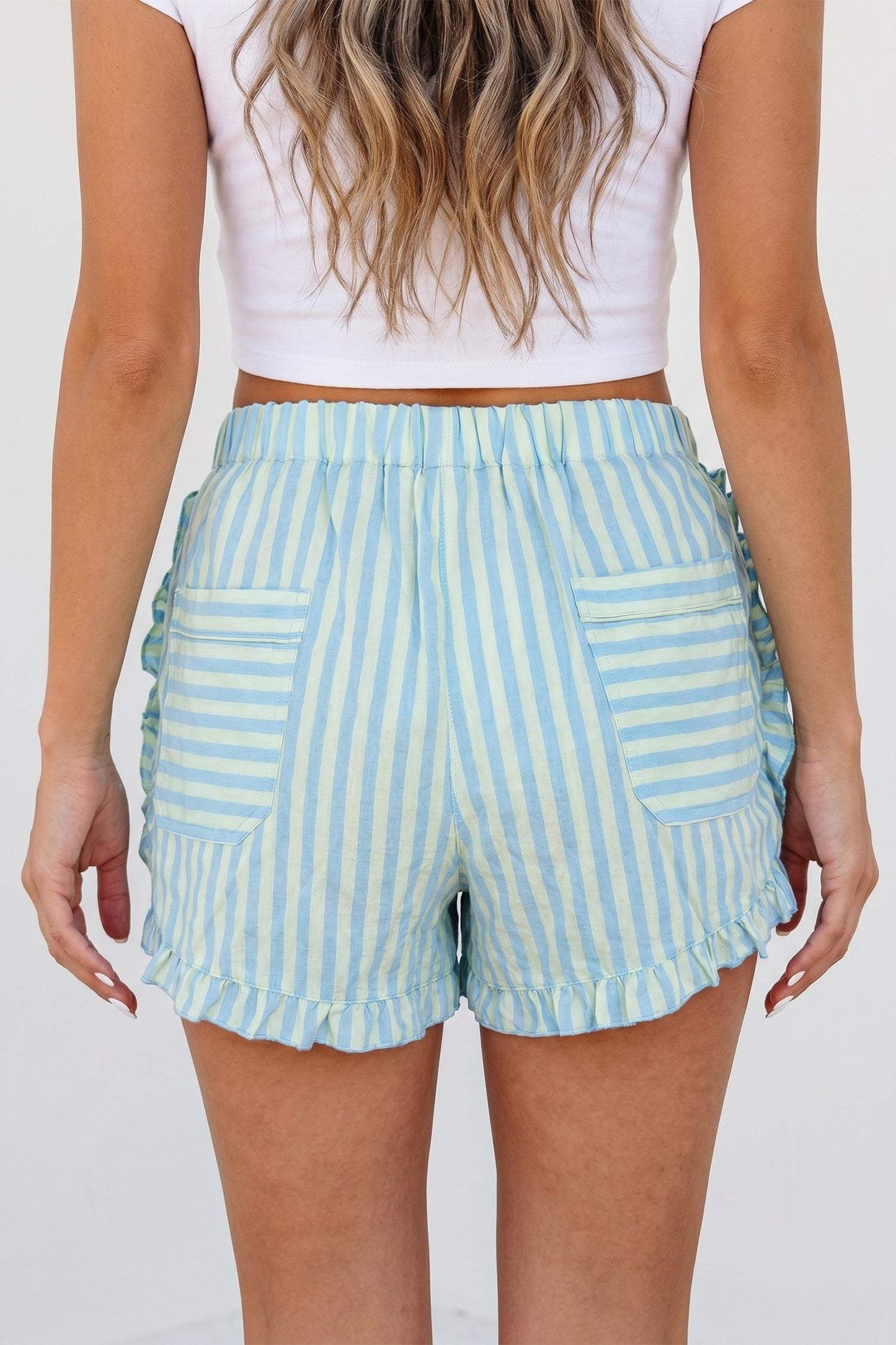 Sky Blue Stripe Elastic Waist Ruffle Trim Casual Shorts