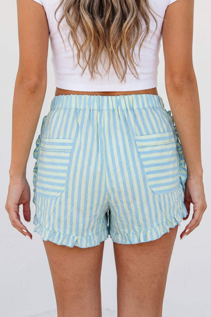 Sky Blue Stripe Elastic Waist Ruffle Trim Casual Shorts