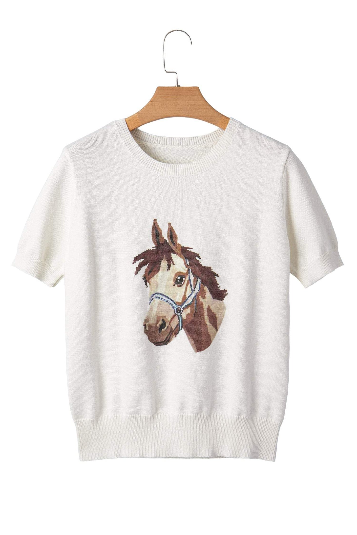 White Wild West Horse Head Printed Short Sleeve Sweater