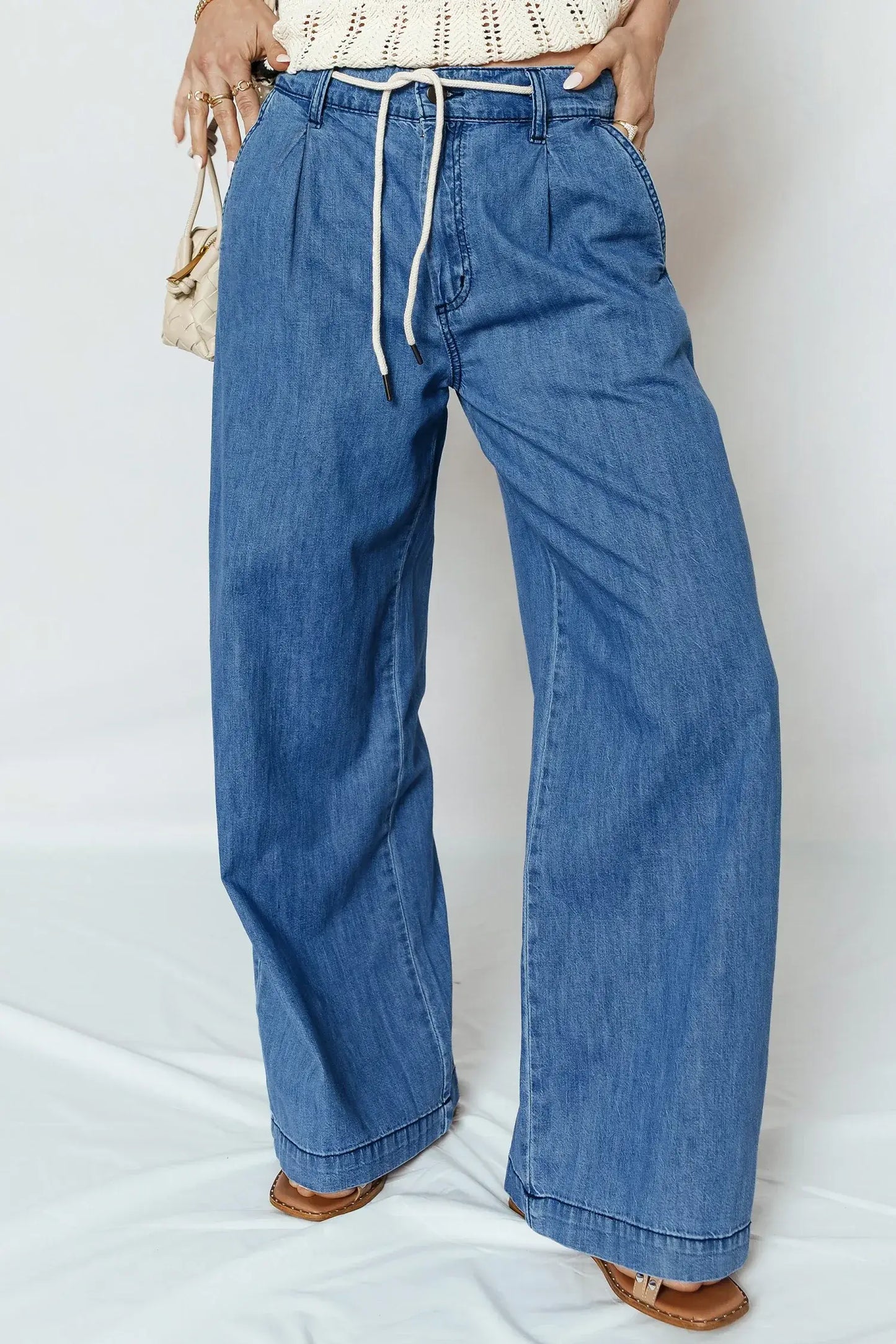 Dusk Blue Lace-up Pull on Wide Leg Jeans - Sweet Fashion Wholesale