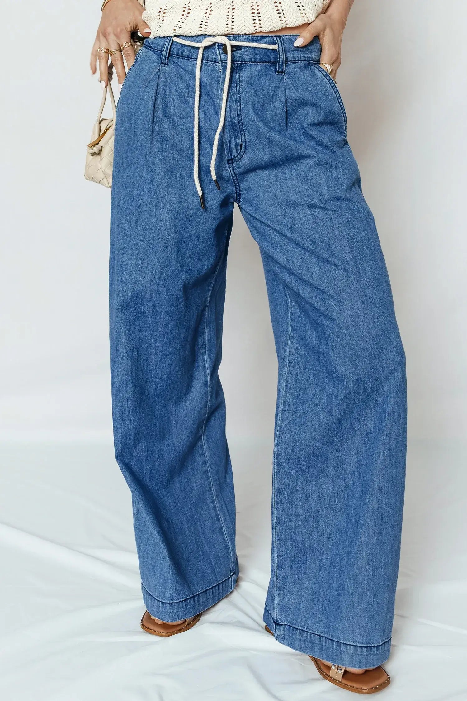 Dusk Blue Lace-up Pull on Wide Leg Jeans - Sweet Fashion Wholesale