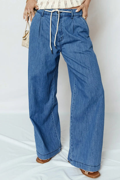 Dusk Blue Lace-up Pull on Wide Leg Jeans - Sweet Fashion Wholesale