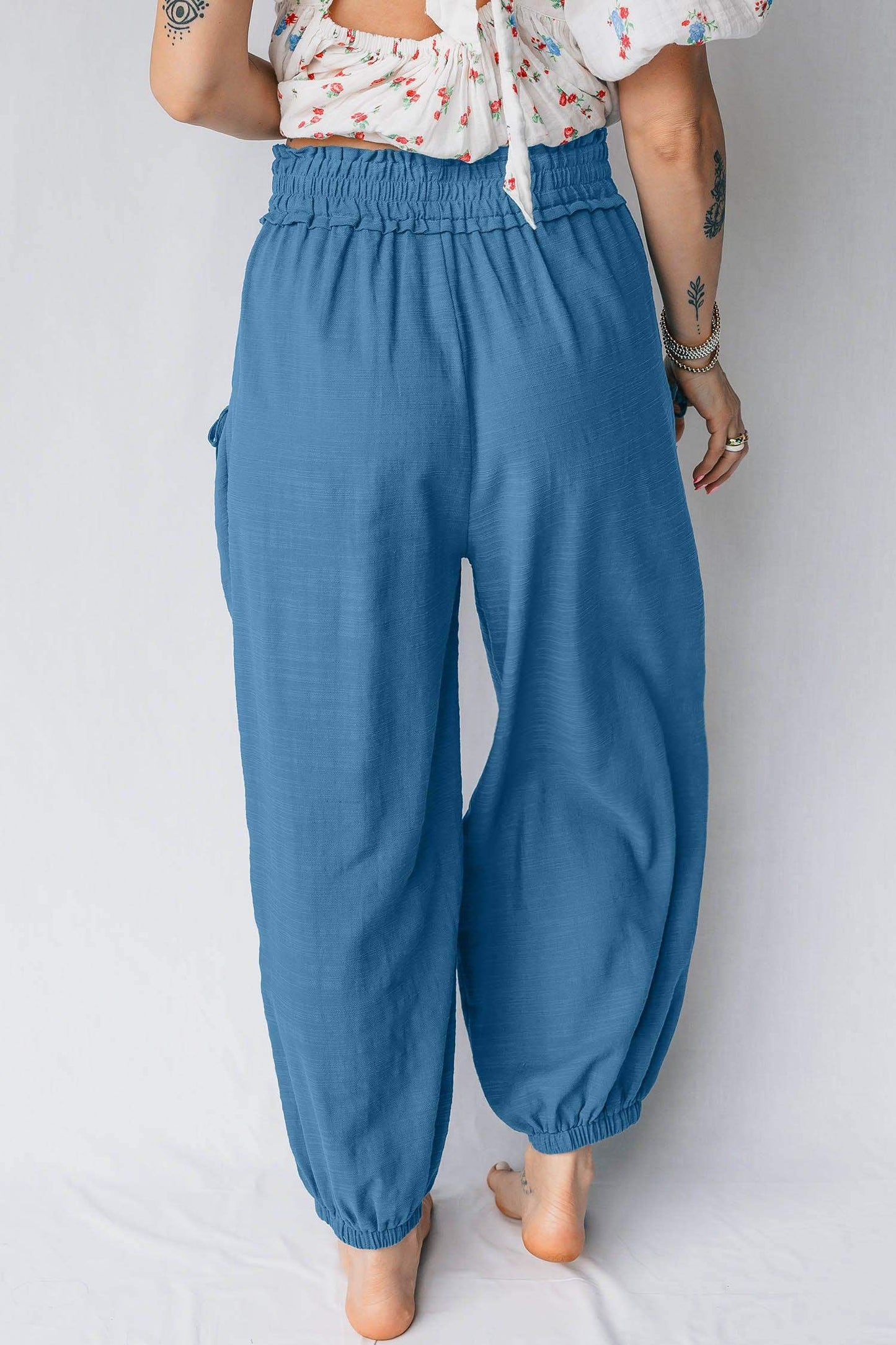 Prussian Blue Smocked Waist Casual Jogger Style Pants - Sweet Fashion Wholesale