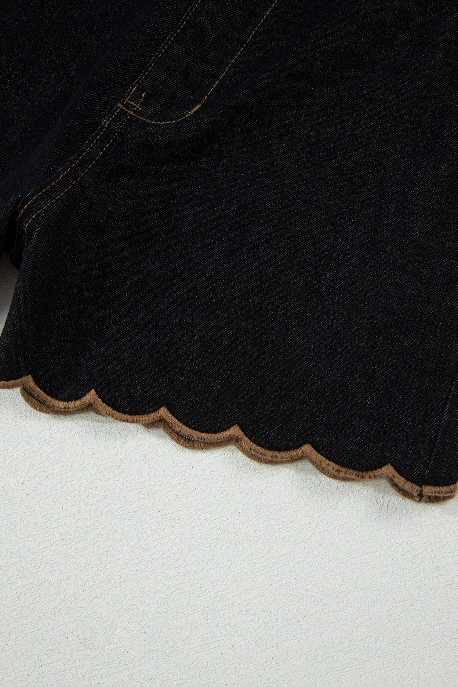 Navy Blue Embroidered Scalloped Trim Relaxed Denim Shorts - Sweet Fashion Wholesale