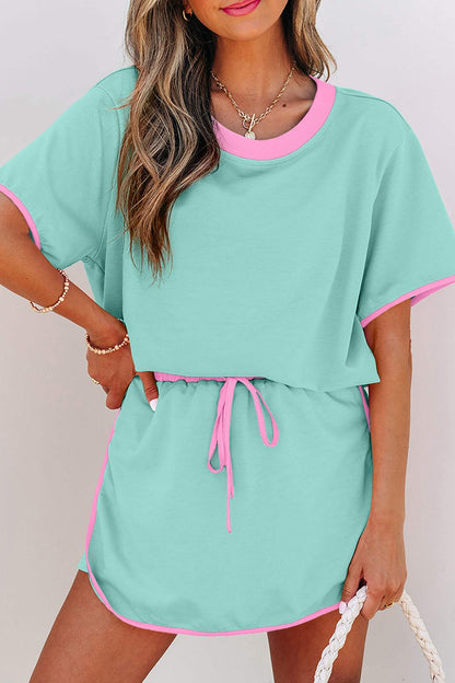 Apricot Colorblock Edge Drop Shoulder T Shirt and Skort 2Pcs Set