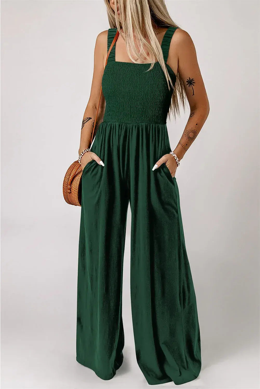 Ginger Smocked Sleeveless Wide Leg Jumpsuit with Pockets - Sweet Fashion Wholesale