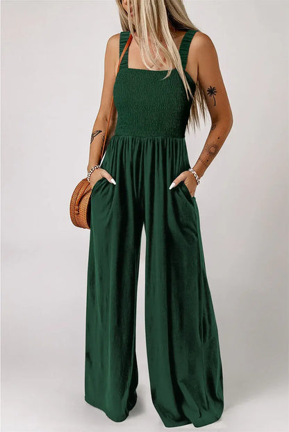 Ginger Smocked Sleeveless Wide Leg Jumpsuit with Pockets - Sweet Fashion Wholesale