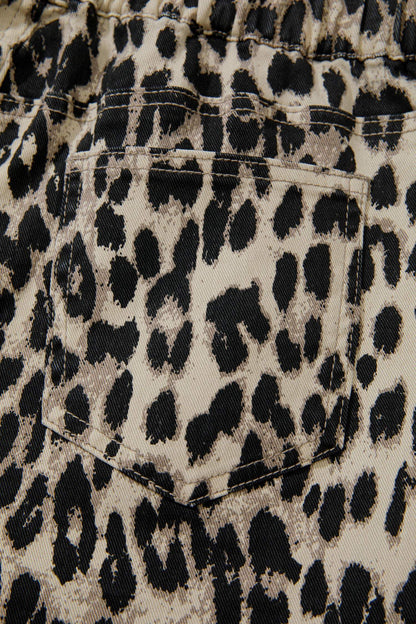 Brown Retro Leopard Print Lace-up Elastic Waistband Mid Rise Denim Shorts