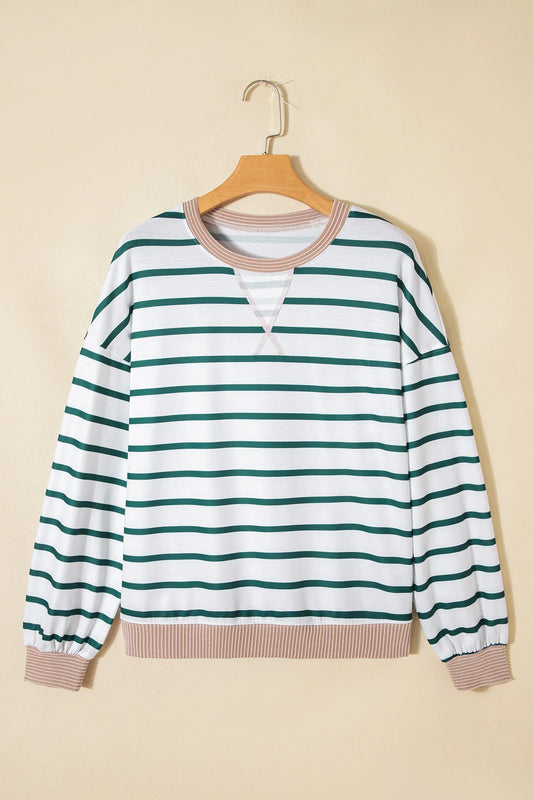 White Stripe Twisted Ribbed Patchwork Drop Shoulder Round Neck Sweatshirt