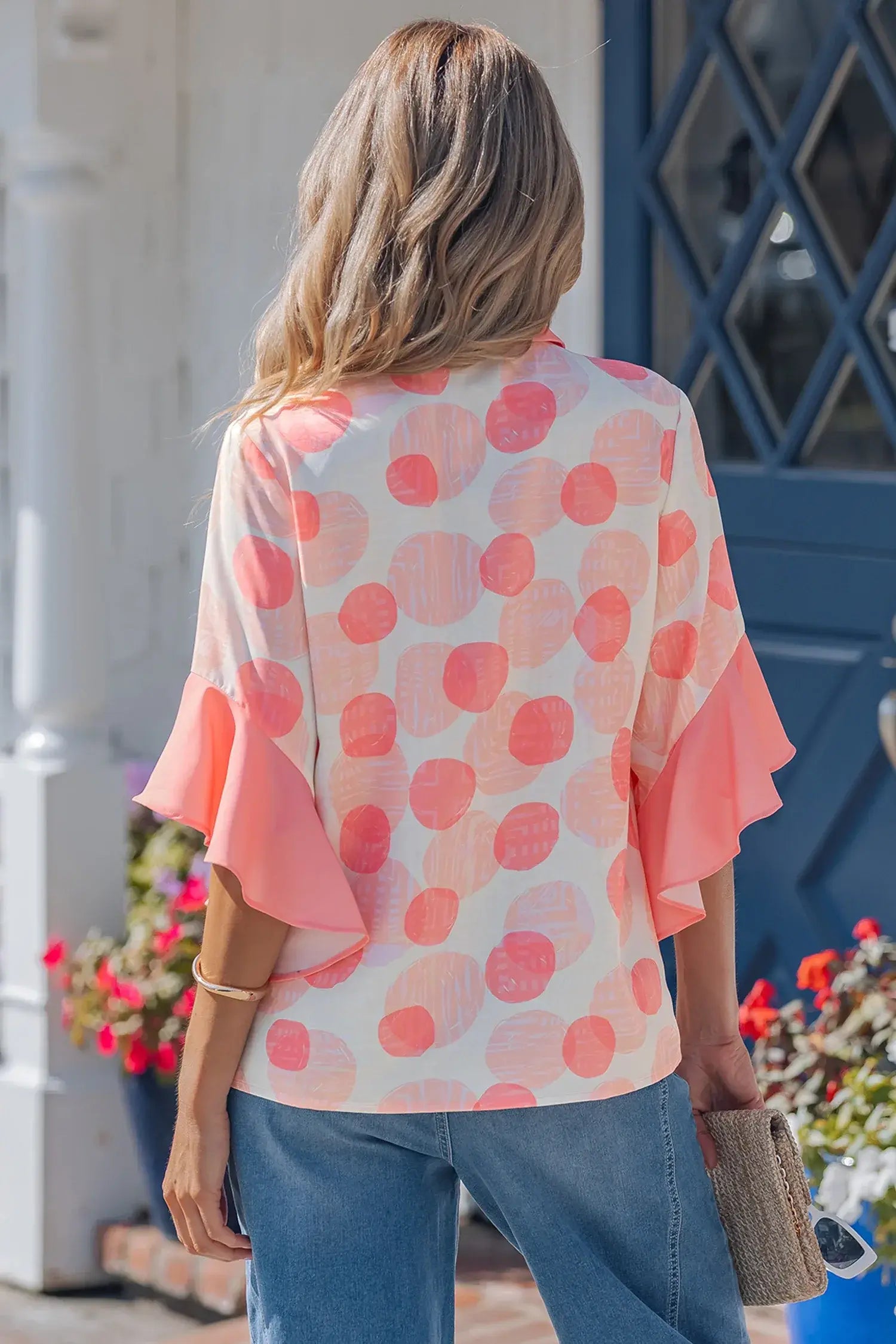 Pink Double Polka Dot Printed Ruffle Trim Short Sleeve Babydoll Shirt - Sweet Fashion Wholesale