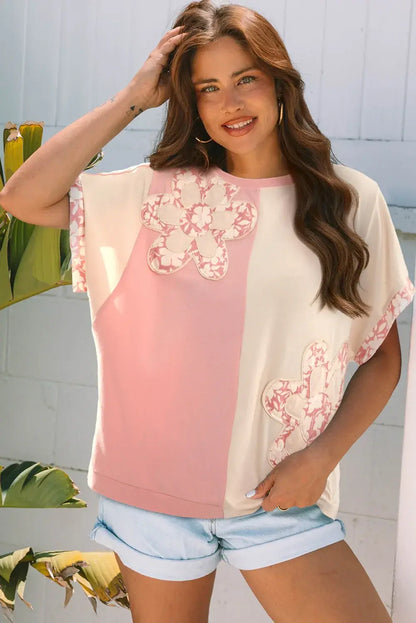 Apricot Color Block Flower Patched Loose T Shirt - Sweet Fashion Wholesale