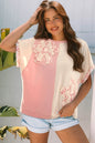 Apricot Color Block Flower Patched Loose T Shirt - Sweet Fashion Wholesale