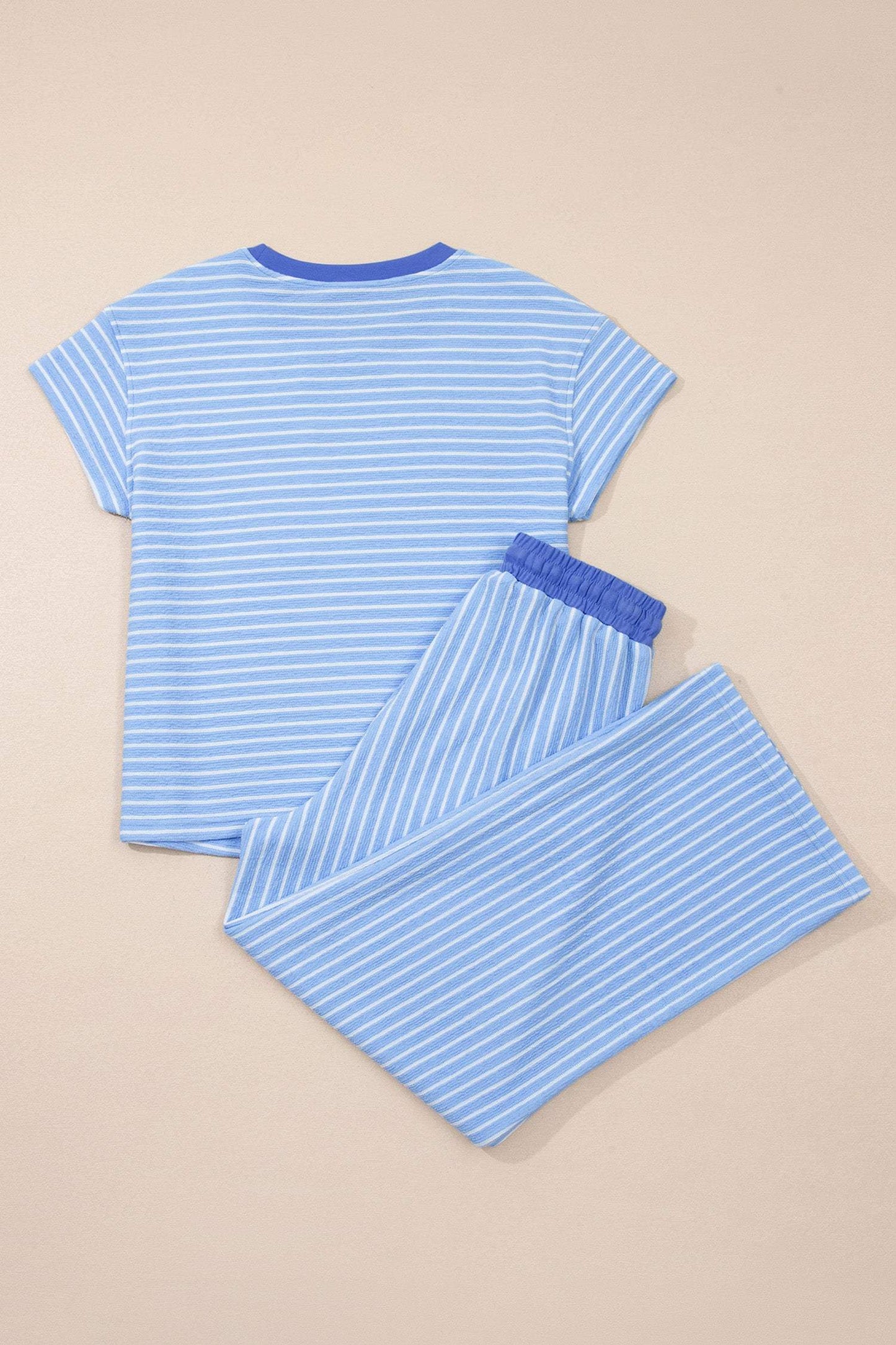 Sky Blue Stripe Crew Neck Tee Drawstring Waist Cropped Pants Set