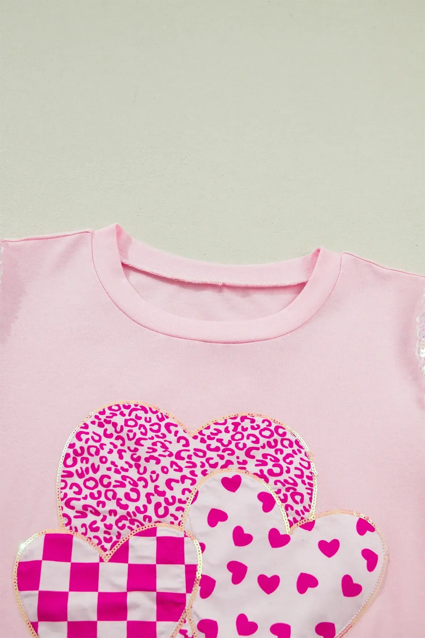Light Pink Three Sweet Hearts Printed Sequin Trim Contrast Sleeve Patchwork Tee - Sweet Fashion Wholesale