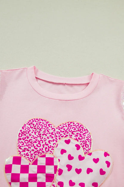 Light Pink Three Sweet Hearts Printed Sequin Trim Contrast Sleeve Patchwork Tee - Sweet Fashion Wholesale